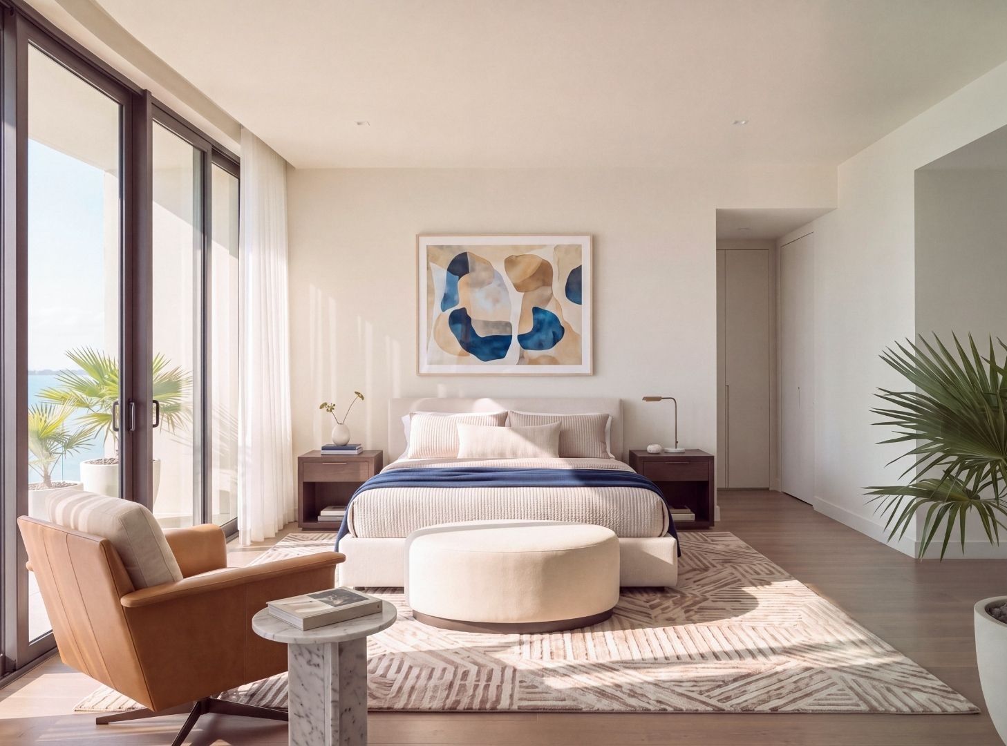 Contemporary Warmth bedroom with cream linens, a cognac leather chair and dark wood bedside tables